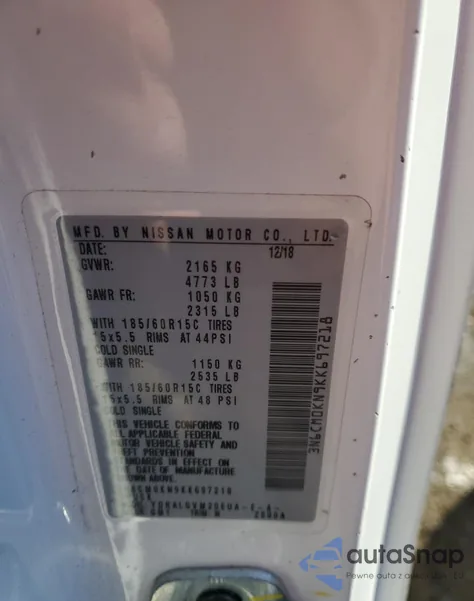 2019 Nissan Nv200 2.5S z USA, uszkodzony, nr VIN 3N6CM0KN9KK697218